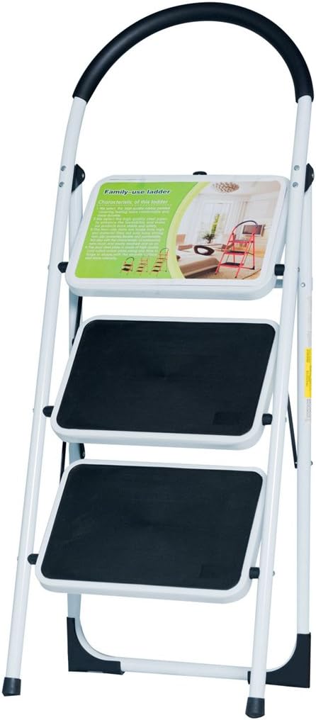 Good Life EN131 Folding 3 Step Ladder Home Depot Steel Step Ladders Lightweight 300 lb Capacity with Hand Grip Anti-Slip and Wide Pedal (3 Step)