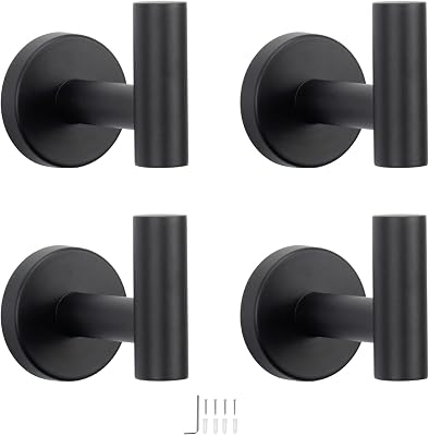 NearMoon Bath Towel Hooks- SUS 304 Stainless Steel Robe Hook Holder, Heavy Duty Coat Hook for Bathroom Livingroom Hotel Kitchen Garage, Wall Mounted Matte Black, 4 Pack
