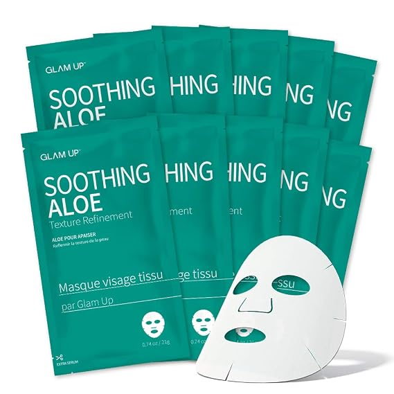 GLAM UP Sheet Mask Soothing Aloe (10 sheets) - Intense Hydration, Soothes Dry Skin