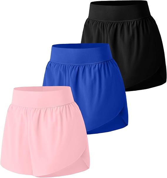 OVESPORT 3 Pack Women's Mid Waisted Athletic Running Short Dolphin Shorts High Split Quick Dry Liner for Workout Gym