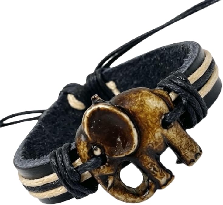 Black Leather Elephant Bracelet Adjustable Indian Elephant Charm Wristband for Women & Men, Boho Spiritual Jewelry