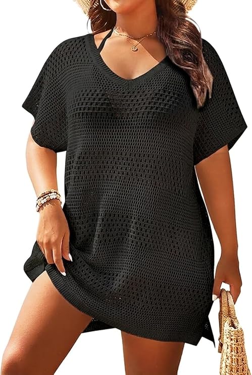 Plus Size Swimsuit Cover Up Crochet Bathing Suit Short Sleeve Beach Dress