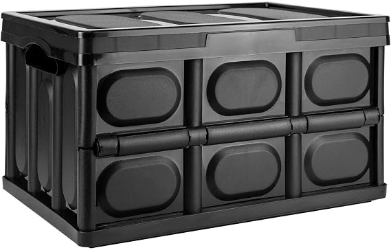TekBox 30L Black Storage Box with Lid Folding Stackable Crate Tub (1) | Measures 42.5cm x 29cm x 23.5cm, Collapses down to 5cm, Made from lightweight plastic