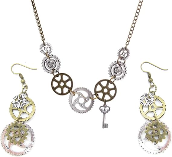 PPX 3 Pcs Vintage Gold & Silver Gear Cog Steampunk Necklace and Earrings Jewelry Set-with Storage Box