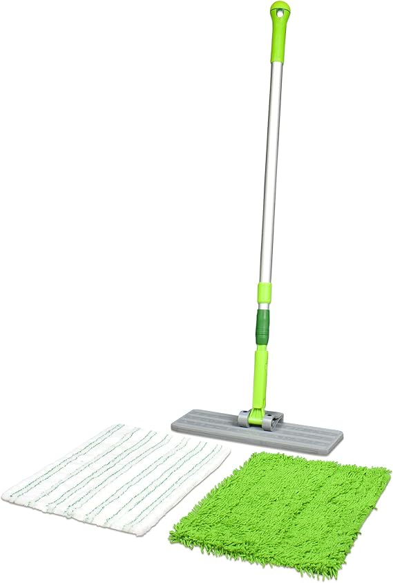 CleanAide Microfiber Hardwood Floor Mop Flat Wet and Dry Flip System for Mopping, Dusting, Cleaning for Laminate, Tile, Vinyl, Wood Flooring Adjustable Extension Handle + 2 Reusable Pads