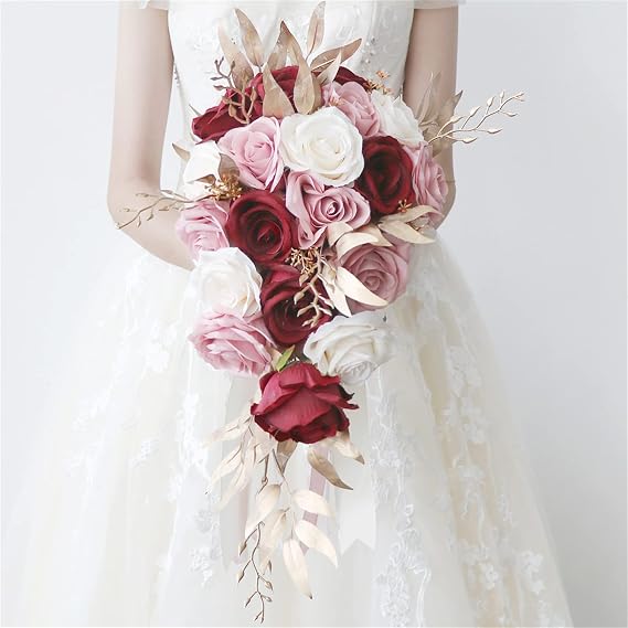Bride Wedding Bouquets Cascading Bouquet for Bride Wedding Artificial Flowers Romantic Rustic Wedding Bouquet (Red White Pink Bouquet)