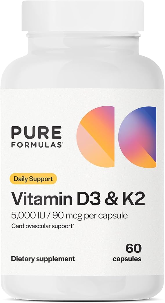 PureFormulas Vitamin D3 K2 Supplement, 5000 Iu Vitamin D3 and 90 mcg Vitamin K2, Supports Bone Strength, Calcium Balance, Heart Health, Gluten-Free & Non-GMO, 60 Capsules for Optimal Wellness
