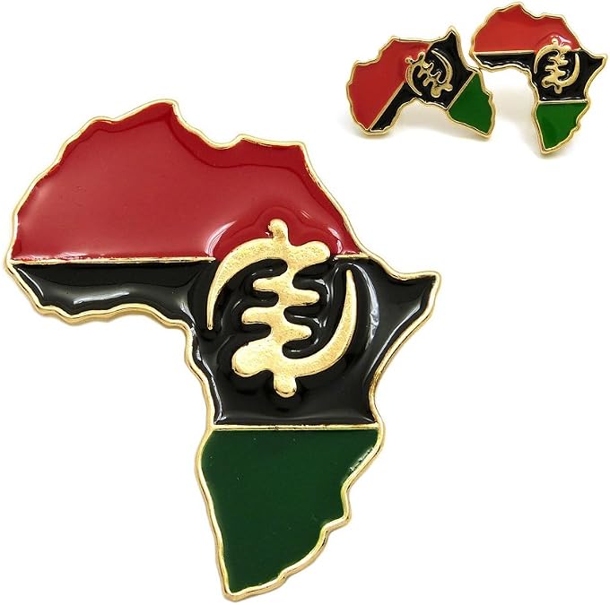 Pan African Color Africa Map with Egyptian Symbols Brooch and Stud | Africa map brooch and stud earring set featuring Egyptian symbols, a coordinated cultural accessory duo.