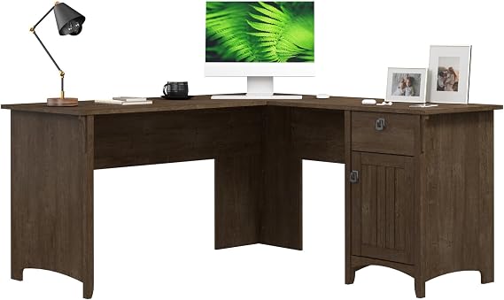 Bush Furniture Salinas L-Shaped Desk with Storage | Study Table with Drawers & Cabinets | Home Office Computer Desk in Ash Brown