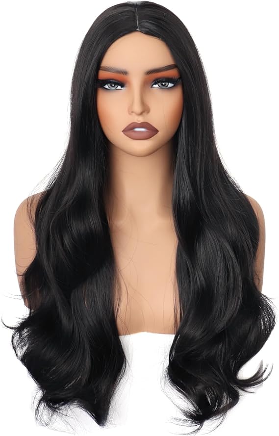 Colorfulpanda Long Black Wavy Wig for Women Girls,Natural Curly Heat Resistant Synthetic Hair Middle Part Full Wig for Halloween Costume Cosplay Party or Daily,25inch