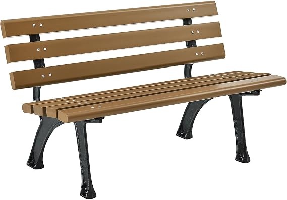 Global Industrial 4'L Outdoor Park Bench with Backrest, Tan, Plastic | Recylced Plastic Slats, Wrought Iron Frame, 1100 lbs Capacity, Surface Mount, Easy Assembly