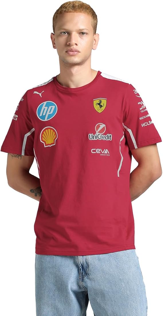PUMA Scuderia Ferrari F1 2025 Team Tshirt - Red | Round neck team T-shirt, Team stripe detail and shoulder panels, Officially licensed