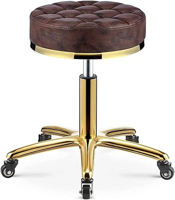 Rolling Bar Stools Round PU Leather Seat Beauty Salons Chair, Chrome Plated 5 Claws and Swivel Wheels, Adjustable 40-60 cmColor:Black Green Brown