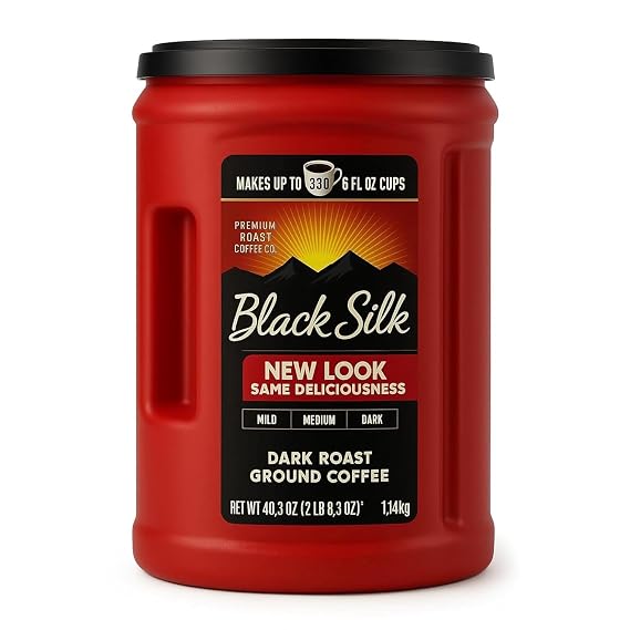 Black Silk Dark Roast Ground Coffee, 40.3 oz, Makes Up to 380 Cups, Includes 15ml Measuring Scoop