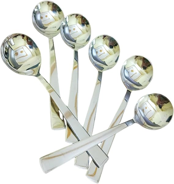 Long Handle Stainless Steel Round Soup Spoons Set of 6, Cutlery, Silverware, Flatware Kitchen Utensil Dining Modern Rust-Resistant Dishwasher-Safe Spoon Set