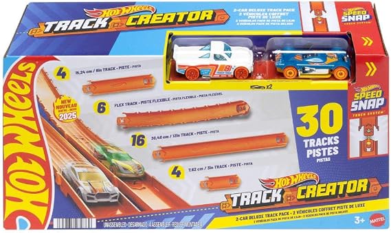 Hot Wheels Oyuncak Araba Parça Seti, Track Creator Deluxe Paketi ve 2 1:64 Ölçekli Döküm Araçlar, 25 Feet Farklı Uzunlukta Hızlı Geçmeli Parça ve Konnektörler (Amazon'a Özel)