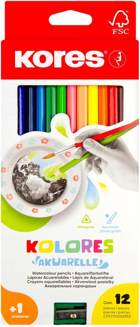 Kores - Akuarelle - Watercolour Pencils - FSC Wood, Includes Sharpener and Brush - Watercolour Set, Art Supplies, Colour Pencils, Watercolour Pencils for Artists - Set of 12