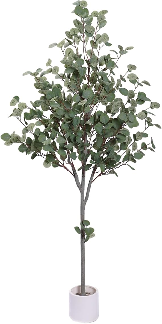 Artificial Eucalyptus Tree, 6FT | Artificial silver dollar leaves, white planter with decorative pebbles, home & office indoor decoration