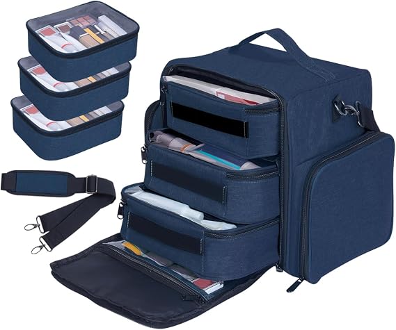 Large Makeup Bag Organizer with 3 Inner Removable Pouches,Blue