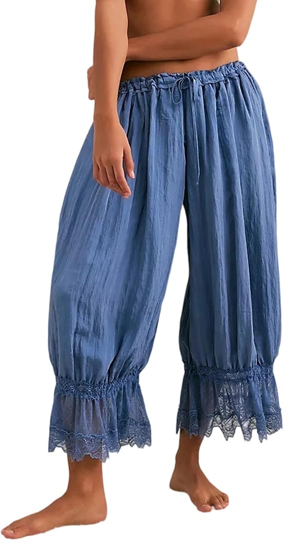 Womens Drawstring Lace Slips Trim Ruffle Hem Capri Pants Y2K Summer Going Out Streetwear Lightweight Bloomers Pant