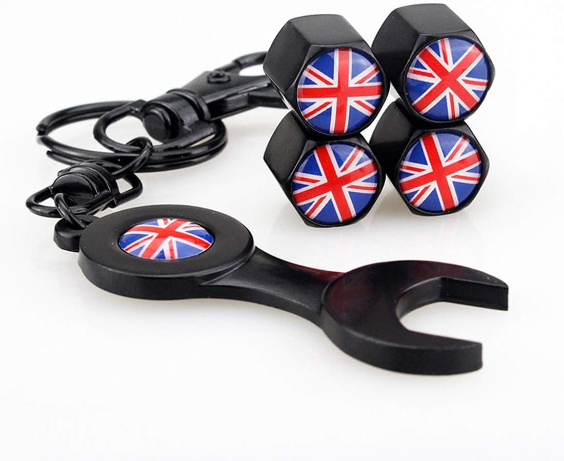 TOPKU Mini Cooper Union Jack British Flag with 4pcs Tire Valve Stem Caps Keychain Set Accessories Decal Parts for BMW Mini Cooper R55 R56 R57 R58 R60 R61 F55 F56