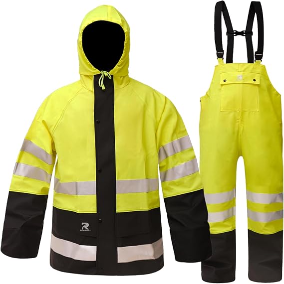 RainRider Rain Suits Waterproof for Men Women Heavy Duty Rain Gear Reflective Jacket Bib Pants 3 Pieces Rainwear