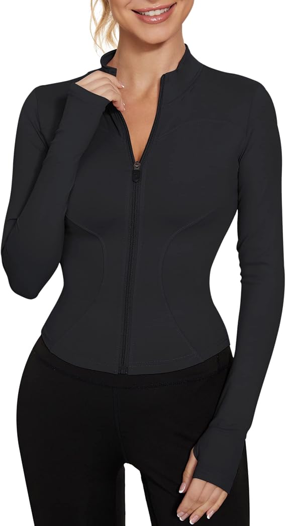 LUYAA Women's Workout Jacket Lightweight Zip Up Yoga Jacket Cropped Athletic Slim Fit Tops, Black, Medium