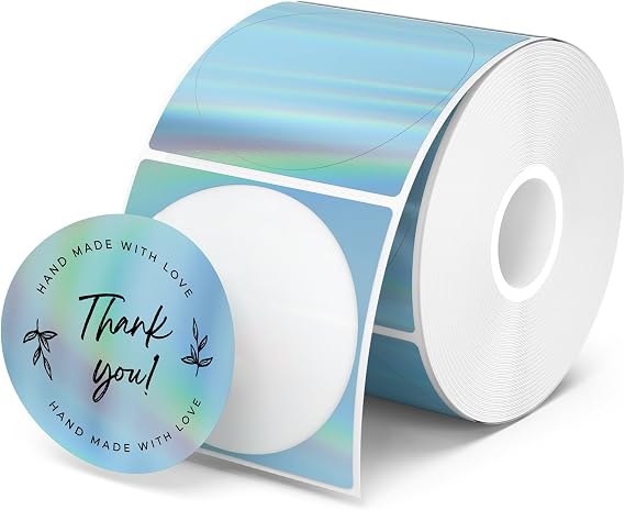 MUNBYN 2" Round Holographic Thermal Labels, 400 Sheets/1 Roll, Blue | Strong Adhesive & Waterproof & Tear-Resistant for Small Business, DIY Crafts, Price Tag