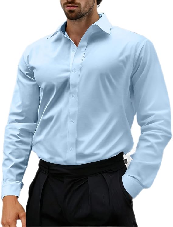 Stylish Twill Stand-up Collar Tops for Men Fashion Long Sleeve Lapel Button Down Business Golf Shirt Solid Color