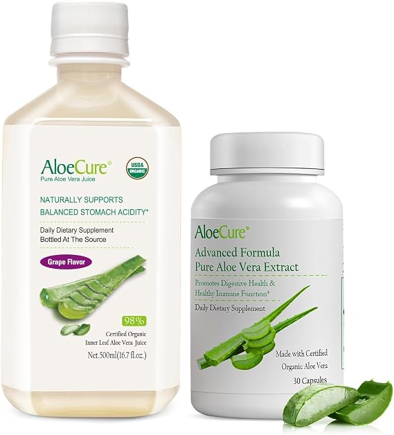 AloeCure Digestion Support Pack - Grape Flavor Juice, Aloe Vera 30 caps