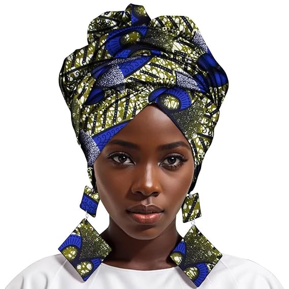 HollandaisWax African Headtie Print Headwrap Ankara Wax Cotton Headwraps Kente Scarves and Earrings 2 Pieces