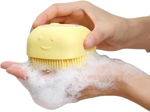 Shower Gel, Shampoo, Liquid Soap etc. Silicone Washing Pouch (Yellow) with Liquid Chamber, Soft Silicone