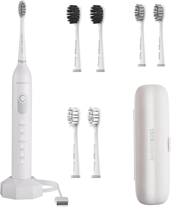 BarberBoss Electric Toothbrush, Sonic Toothbrush, 5 Brushing Modes, 6 Brush Heads, Pressure Sensor, Smart Timer, and Travel Case, White