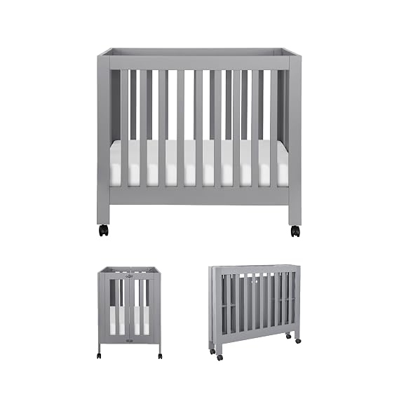Babyletto Origami Mini Portable Folding Crib with Wheels in Grey, 2 Adjustable Mattress Positions, Greenguard Gold Certified