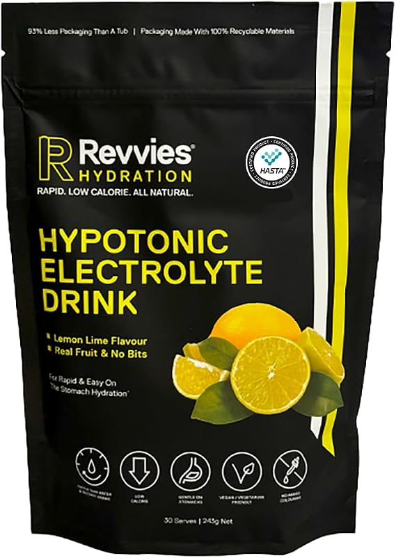 Revvies Hypotonic Electrolyte Drink | Lemon Lime | 30 Serves | Rapid Hydration | More Salts Less Sugar | All Natural | Easy On The Stomach | Vegan