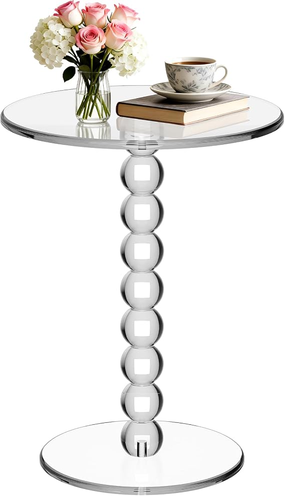 Acrylic Side Table Round, End Table Drink Martini Table, (Clear Large) | Pedestal table, Acrylic Nightstand for Living Room, Bedroom, Balcony, Easy Assembly
