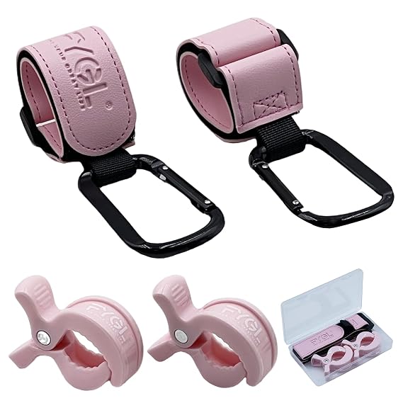 4-Pack Stroller Organizer: 2 Clips & 2 Hooks, Light Pink