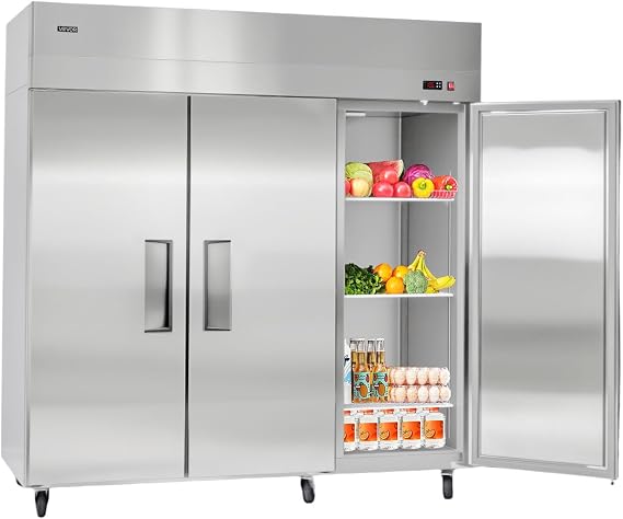 VEVOR Commercial Reach-In Refrigerator 72" W, 52 Cu.Ft Stainless Steel Upright Refrigerator with Three Doors, Auto-Defrost, 9 Adjustable Shelves, 32 to 50F Temp Control, UL Certified