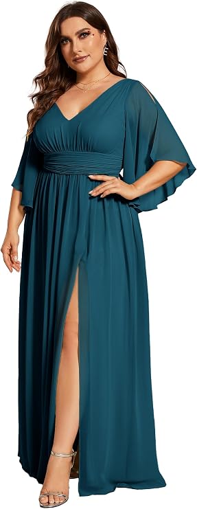 Ever-Pretty Plus Women's Plus Size V Neck Half Sleeves Slit A Line Floor Length Bridesmaid Dress 01886-DA