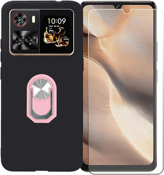Case for Cubot X100 (6.88") with Ring Support + Tempered Glass Screen Protector, Flexible Silicone Shell Bumper TPU Protective Cover, Pink