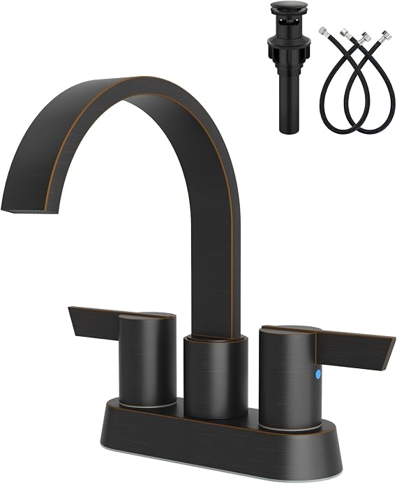 Aolemi Bronze Bathroom Faucet,4 Inch Centerset 2-Handle Waterfall | Includes Pop-Up Drain,24-Inch Supply Lines,Mounting Hardware,SUS304 Stainless Steel Construction,And A 360 Swivel Spout