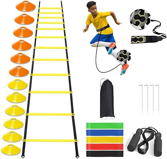 Soccer Agility Training Equipment Set, Solo Soccer Trainer Belt, 12 Rung 20Ft Agility Ladder, 12 Disc Cones, 5 Resistance Bands, 4 Steel Stakes, Jump Rope, Speed Training Equipment for Kids Adults