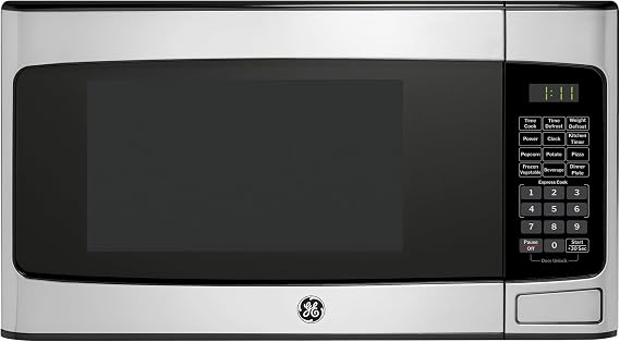GE Countertop Microwave Oven, Compact 1.1 Cubic Ft., 950-watt Capacity, 6 Auto Cooking Settings, Child-Lock Technology, Kitchen Essentials for The Countertop, Dorm Room or Apartment, Stainless Steel