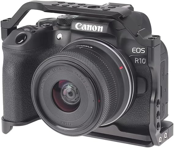 Camera Cage for Canon EOS R10 Camera with 1/4"-20 and 3/8"-16 Threaded Hole Cold Shoe and Arca Quick Release Plate Aluminum Alloy R10 Full Cage W180