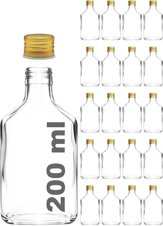 Afracam 200 ml Yassı Şeffaf Cold Brew Şişesi Altın Metal Kapaklı 200 cc Soğuk Kahve Cam Şişe 20 Adet