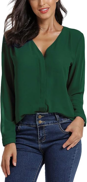 EXCHIC Women's Casual V-Neck Chiffon Blouse Shirts Long Sleeve Tunic Top Shirt