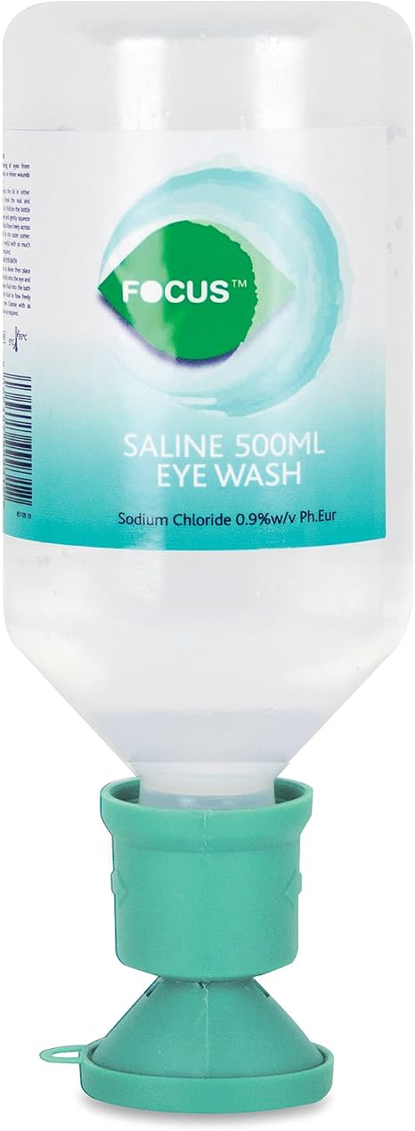 Reliance Medical Focus Saline Eyewash 500 ml Sterile with Specially Shaped Eye Cup - Single Use Ideal for Allergies
