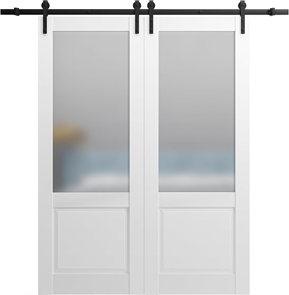 SARTODOORS Sliding Double Barn Doors with Hardware | Lucia 22 White Silk with Frosted Opaque Glass | 13FT Rail Sturdy Set | Interior Bedroom Bathroom Door-36" x 80" (2* 18x80)-Black Rail-Frosted Glass