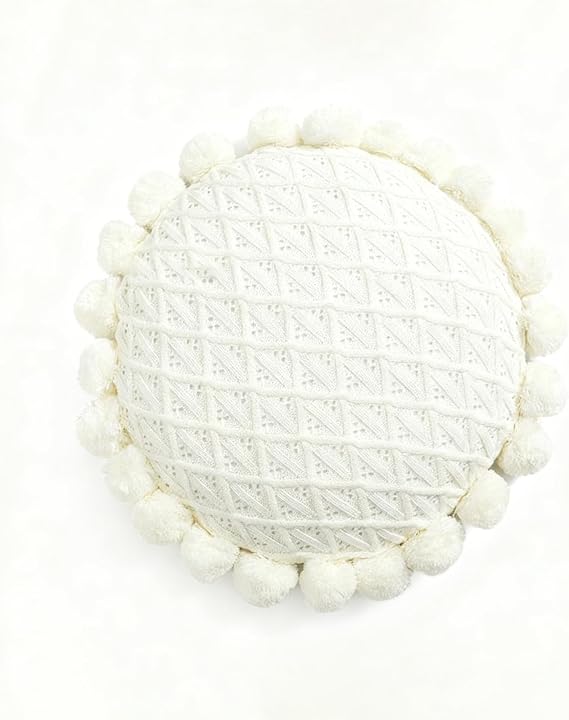 Byitre Bohemian Round Pillow 50 x 50 cm | 100% Cotton Decorative Pillow Hand Tufted with Chunky Textured Poms | Boho Throw Pillow for Bed or Couch | Natural White Throw Pillow