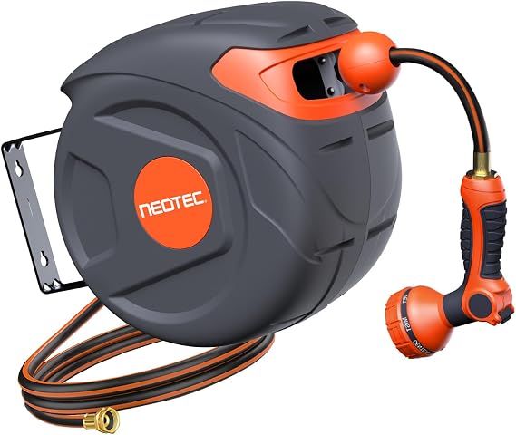 33ft Retractable Garden Hose Reel 1/2 inch, Compact Wall Mount Water Hose with Easy Rewind System, Space-Saving Hose Box for Small Patio, Deck & Balcony, 9-Function Nozzle Included